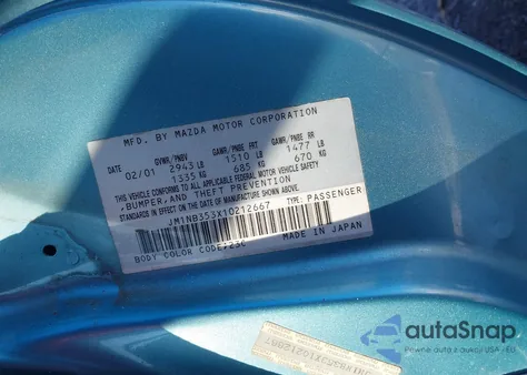 2001 Mazda Mx-5 Miata Ls/Special Edition z USA, uszkodzony, nr VIN JM1NB353X10212667